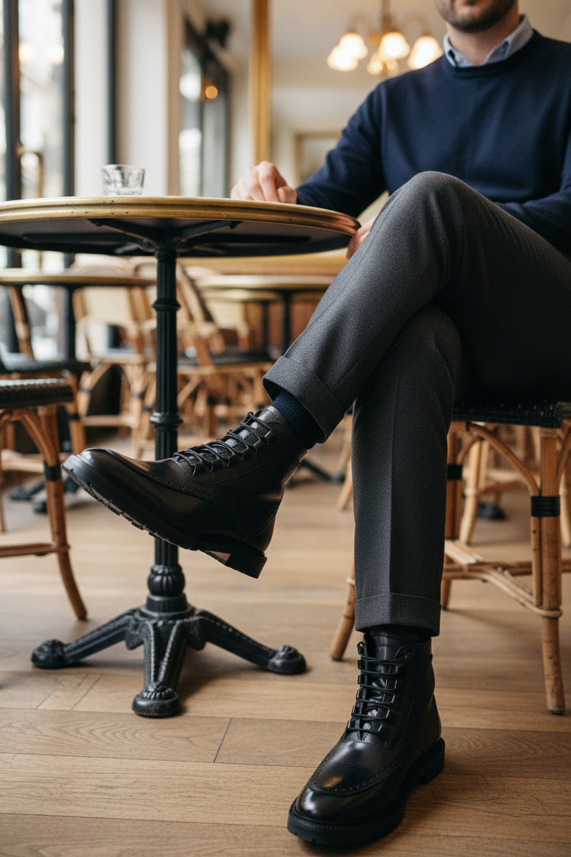 Bota Black Diamond negra artesanal vista frontal calzado mexicano