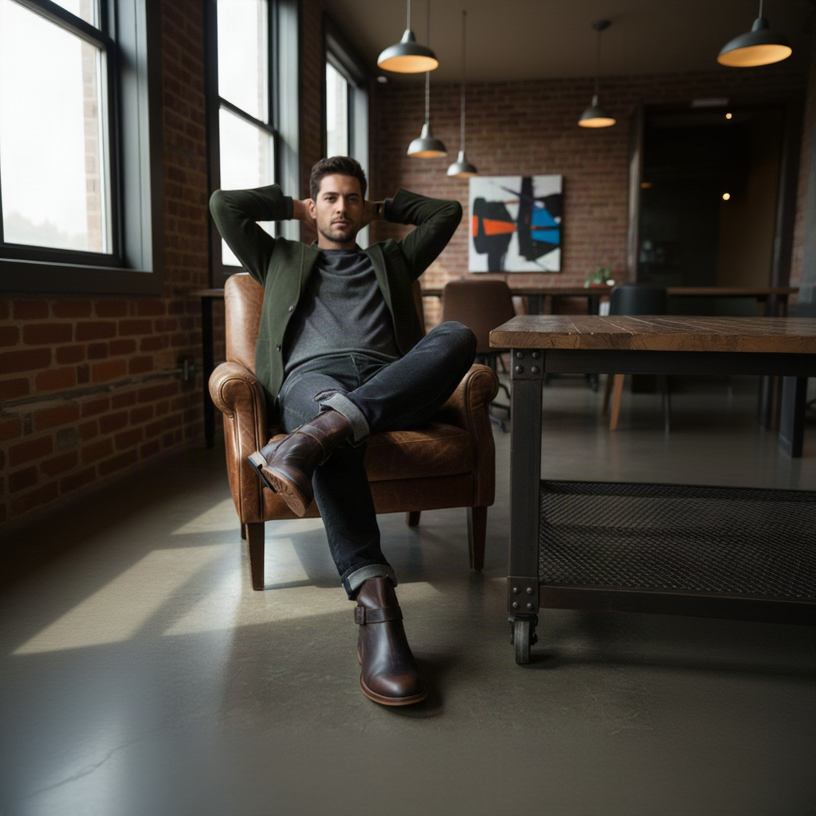 Hombre con bota Old Grasso Testa Mod 213 y jeans oscuros, estilo casual sofisticado